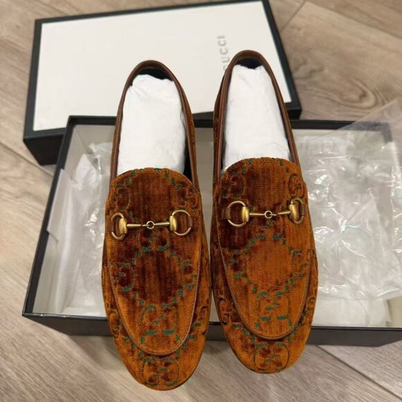 NIB Authentic Gucci Orange / Teal GG Embossed Velvet Jordaan Loafers - Picture 3 of 4